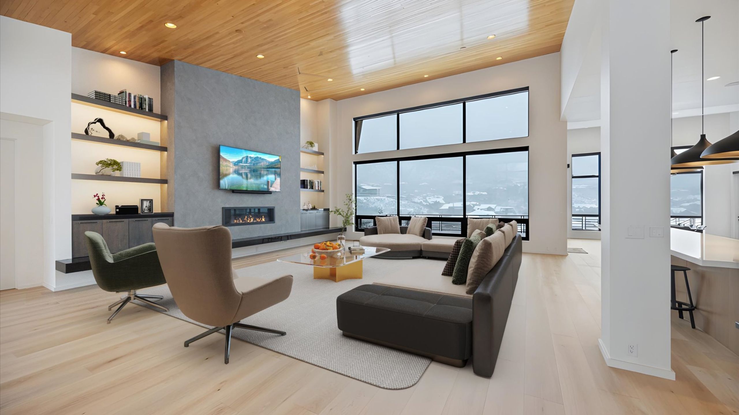 Living area featuring a high wood ceiling, light wood-type flooring, and a large fireplace